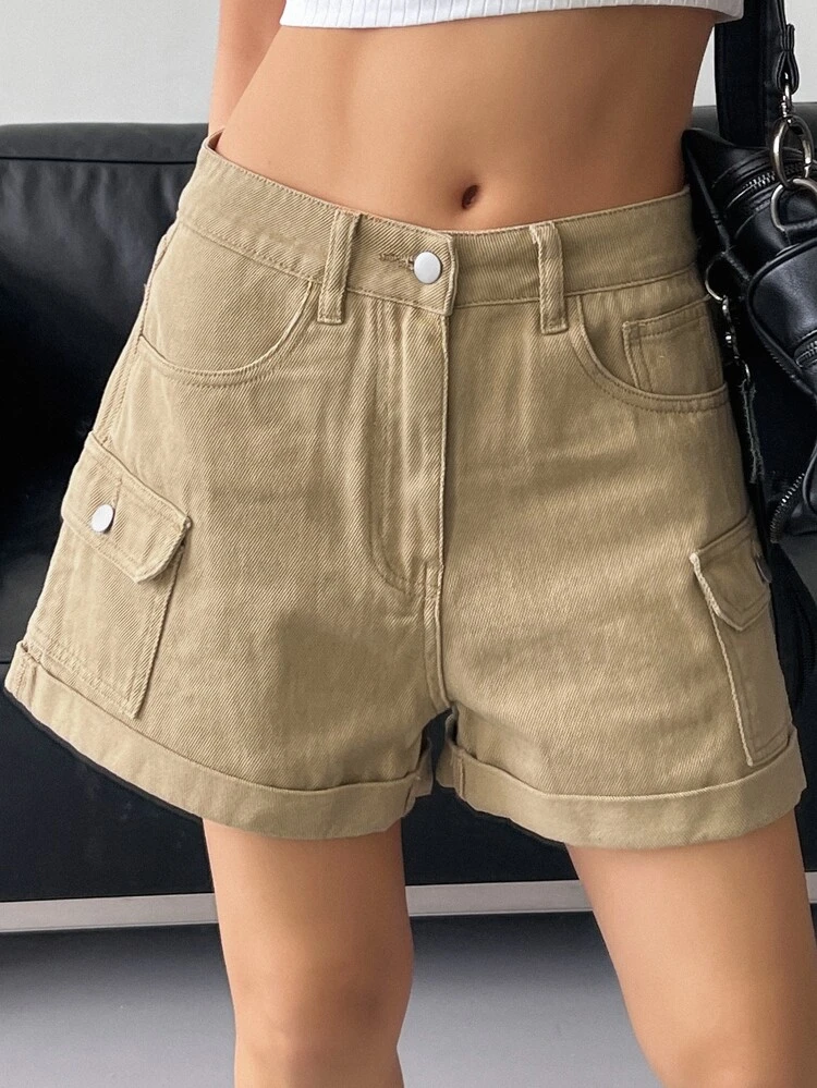 Ladies' Solid Color Cargo Denim Shorts
