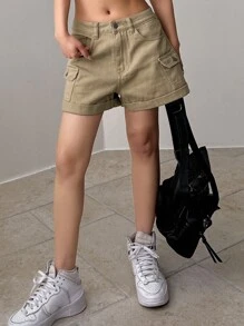DAZY Flap Pocket Side Roll Up Hem Denim Shorts - Khaki - View 3