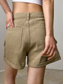 DAZY Flap Pocket Side Roll Up Hem Denim Shorts - Khaki - View 6