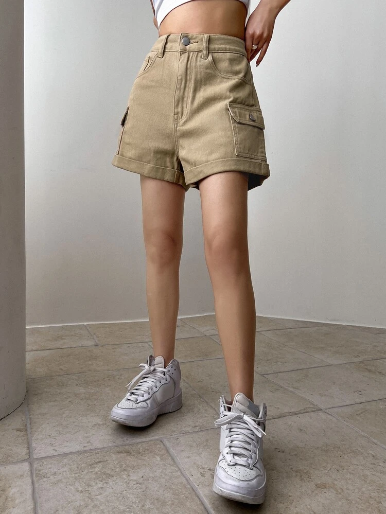 Ladies' Solid Color Cargo Denim Shorts