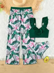 Conjunto de bikini con estampado tropical y ribete de volantes con pantalón de cubrimiento para niña preadolescente, playa de verano - Multicolor - Ver 1