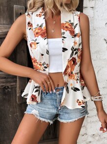 SHEIN LUNE Floral Print Shawl Collar Ruffle Hem Vest Blazer - White - View 3