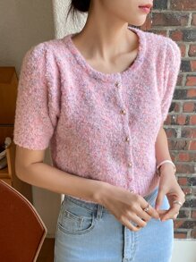 DAZY Áo dệt kim nữ Nút phía trước màu trơn Giải trí - Hồng - Xem 1