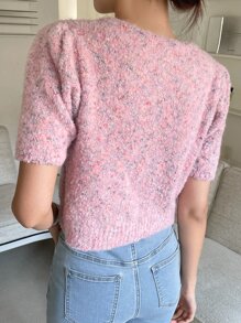 DAZY Áo dệt kim nữ Nút phía trước màu trơn Giải trí - Hồng - Xem 2