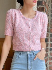 DAZY Áo dệt kim nữ Nút phía trước màu trơn Giải trí - Hồng - Xem 3