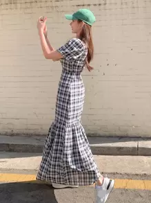 DAZY Vestido con estampado de cuadros y volantes en el bajo, atuendo para maestras - Multicolor - Ver 2