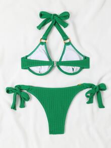 Ring Linked Underwire Tie Side Summer Beach Bikini Set - Green - View 3
