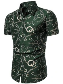 Men Chain Print Button Up Shirt - Dark Green - View 1