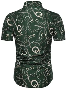 Men Chain Print Button Up Shirt - Dark Green - View 2