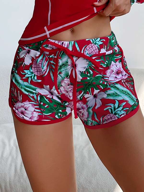 Tropical Print High Neck Shorts Bikini Swimsuit With Long Sleeve Swim