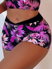 Swim Lushoire Ensemble de tankini à imprimé tropical croisé top sans manches & Short taille en V 2 pièces Maillot de bain - Multicolore - Voir 3