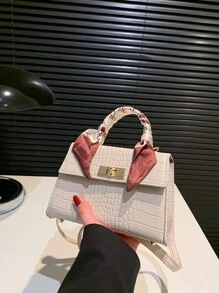 小型鱷魚紋手提包領巾裝飾手拿方型斜跨式肩背兩用包,極簡風格、休閒風格、純色、便攜、輕巧、帶可調節肩帶適用於女性、新手和白領工作者、適用於女孩、女人,非常適合辦公室、工作、商務和通勤 - 米色 - 查看 6