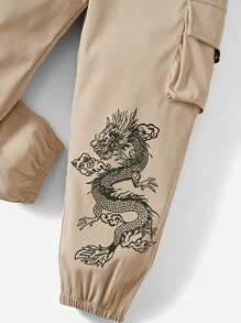 SHEIN 小男童龍圖案翻蓋口袋工裝褲