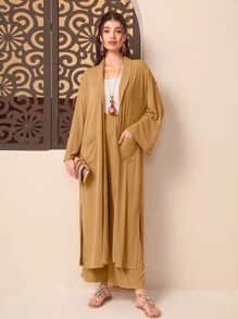 Mulvari Bộ đồ hai mảnh nữ Chia màu trơn Giải trí - Màu Khaki - Xem 4