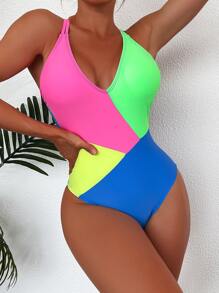 SHEIN Swim Phụ nữ một mảnh Lộ Lưng Hội Chữ thập Khối Màu - Nhiều màu - Xem 1