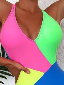 SHEIN Swim Phụ nữ một mảnh Lộ Lưng Hội Chữ thập Khối Màu - Nhiều màu - Xem 4
