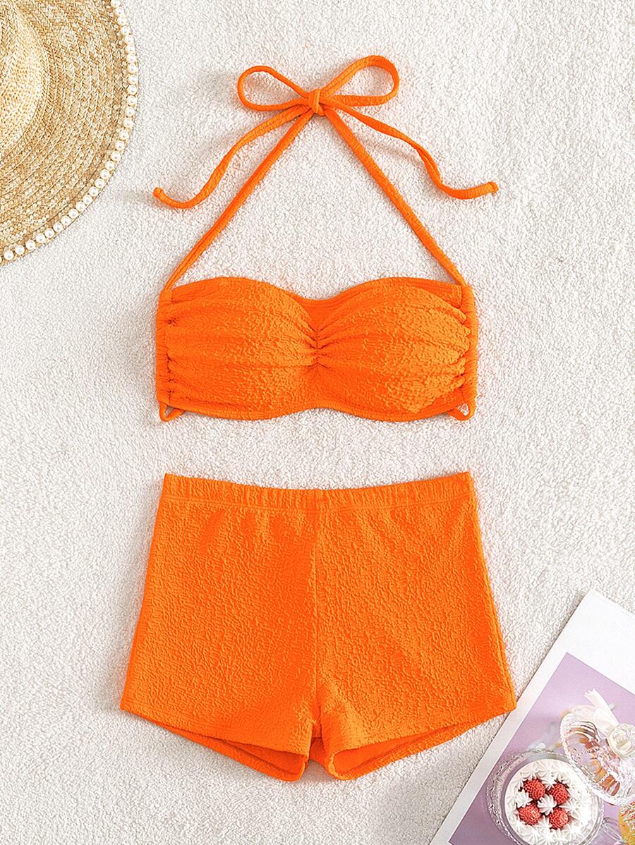 SHEIN Swim 褶皺露背連領比基尼套裝，夏日沙灘必備 - 橘色 - 查看 1