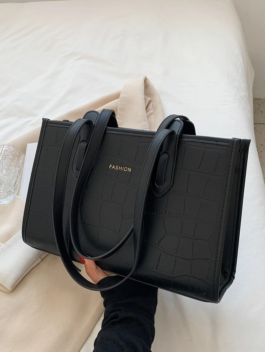 1 Miếng Đúng mốt Hình cá sấu Da giả Dung lượng lớn Retro Dây kéo Túi tote , Thích hợp Đối với Hằng ngày Và Kỳ nghỉ Sử dụng - màu đen - Xem 1