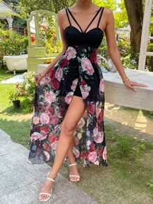 SHEIN VCAY 印花吊帶連體短褲 - 彩色 - 查看 5