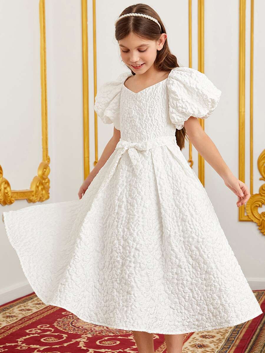 SHEIN Tween Girl 1pc Jacquard Puff Sleeve Belted Dress - White - View 1