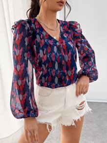 SHEIN Frenchy Áo sơ mi nữ Xù Thực vật Tất cả trên in Boho - Màu xanh lam - Xem 4