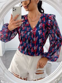 SHEIN Frenchy Áo sơ mi nữ Xù Thực vật Tất cả trên in Boho - Màu xanh lam - Xem 5