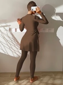 Swim Mulvari 夏季海滩荷叶边全覆盖布基尼泳衣和帽子阿拉伯服装 - 咖啡棕 - 查看 2