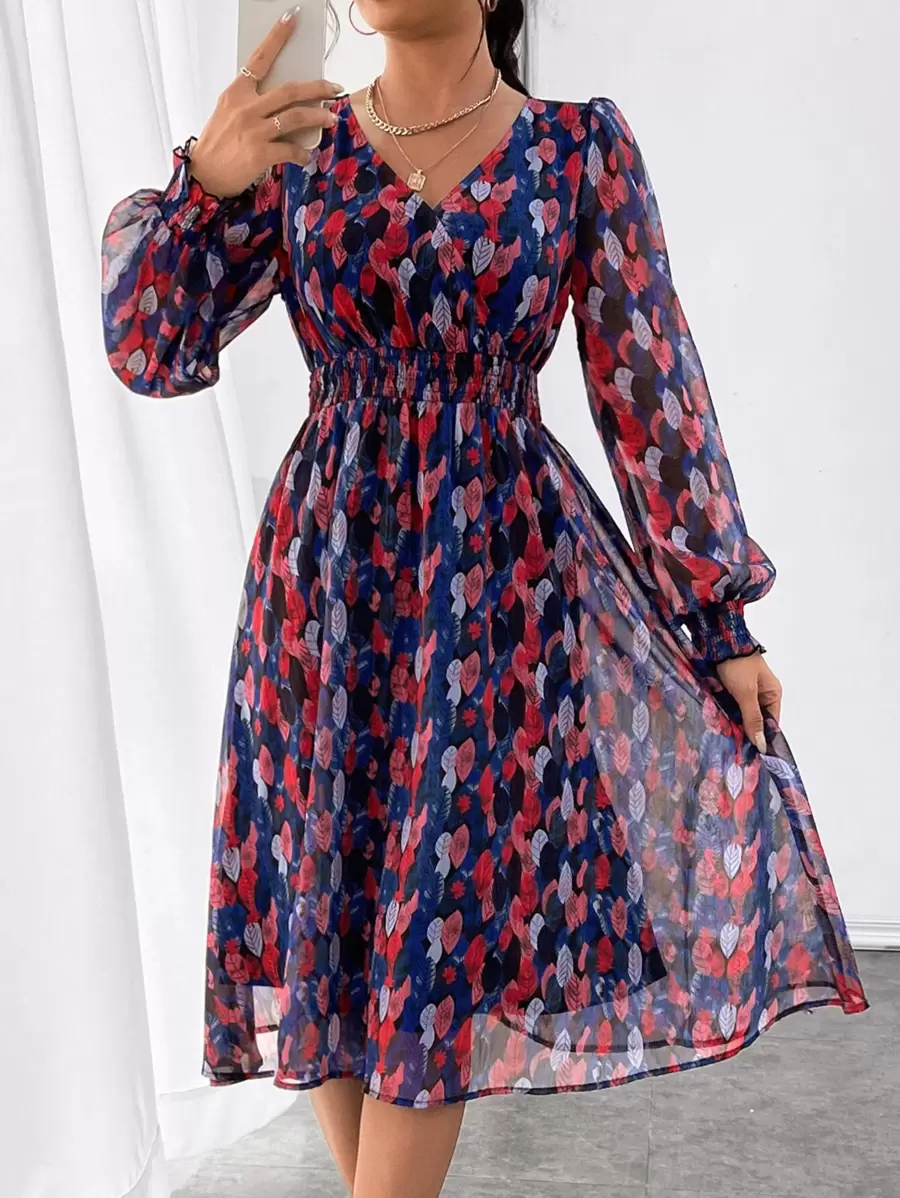 SHEIN Frenchy Women's Leaf Print V-Neck Lantern Sleeve Elegant Dress Winter Beach Spring Vacation - Multicolor - View 1