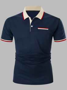 Manfinity Homme 男士拼接邊POLO衫 - 藏蓝色 - 查看 3