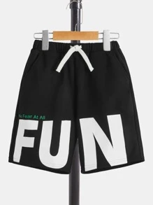 SHEIN Boys Slogan Graphic Drawstring Waist Shorts - Black - View 1