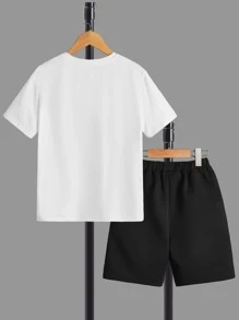 SHEIN Boys Cartoon & Slogan Graphic Tee & Shorts - Black and White - View 2