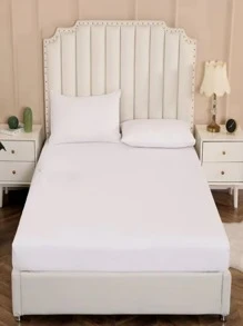 3 cái/bộ Bộ ga trải giường màu trắng (1 ga trải giường được trang bị & 2 vỏ gối), Bộ khăn trải giường bằng vải tối giản cho gia đình - trắng - Xem 1