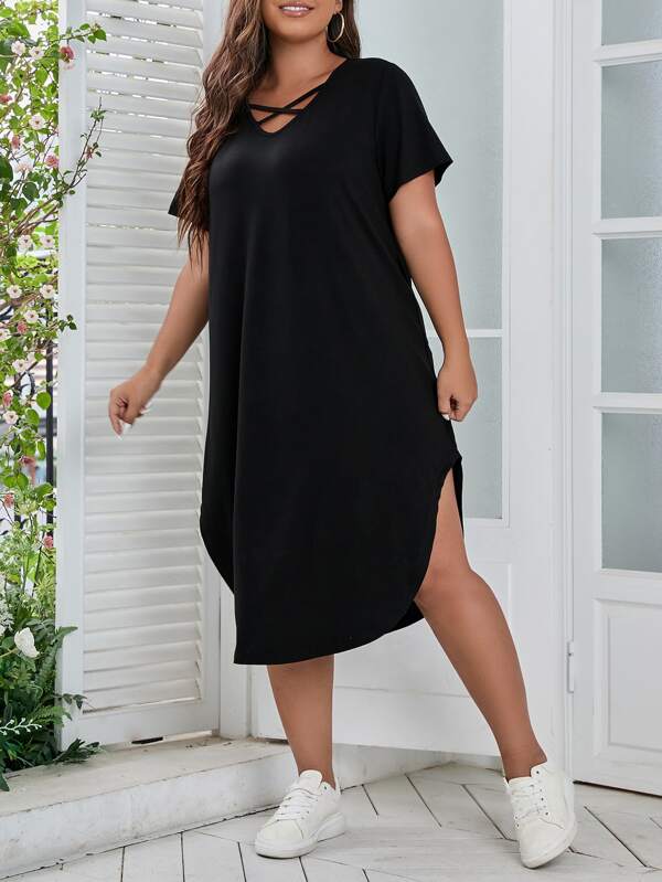 SHEIN LUNE Plus rochie tricou cu tiv curbat incrucisat in fata tinuta maxi femei