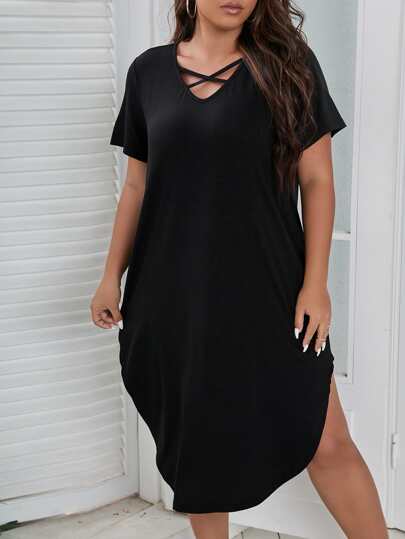 EMERY ROSE Plus Crisscross Front Curved Hem Tee Dress Maxi Women Outfit