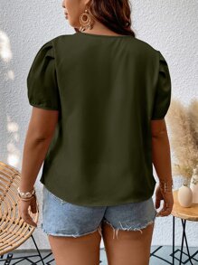 SHEIN Holidaya Blusa con encaje en contraste de manga farol de cuello notch - Verde militar - Ver 2