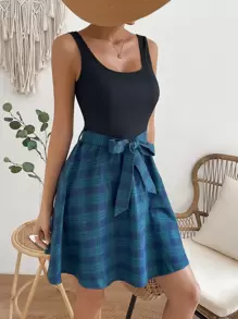 SHEIN Essnce Plaid Print Belted Dress - Multicolor - View 1