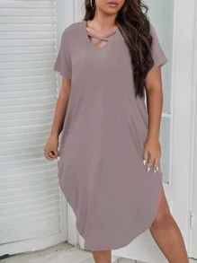 SHEIN LUNE Plus Criss Cross Front Curved Hem Tee Dress - Dusty Purple - View 3