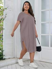 SHEIN LUNE Plus Criss Cross Front Curved Hem Tee Dress - Dusty Purple - View 6