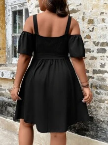 SHEIN LUNE Đầm Plus Size Nút phía trước Thắt lưng Nút giả màu trơn Giải trí - màu đen - Xem 2