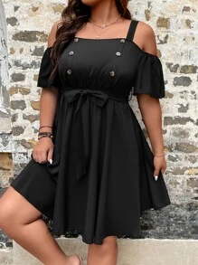 SHEIN LUNE Đầm Plus Size Nút phía trước Thắt lưng Nút giả màu trơn Giải trí - màu đen - Xem 3