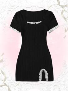 ROMWE Kawaii Contrast Lace Ribbed Split Bodycon Dress - Black - View 1