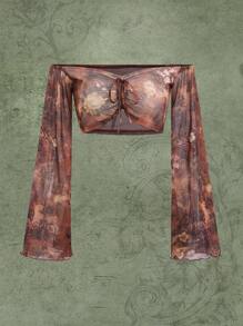 ROMWE Hippie Floral Print Off The Shoulder Ruched Crop Top - Multicolor - View 1