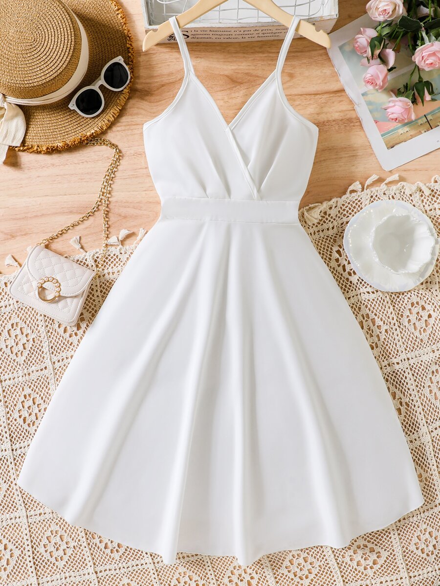 SHEIN Teenage Girls Spaghetti Strap Pleated Ruffle Skirt Dress, Resort Style - White - View 1