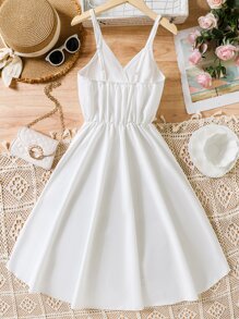 SHEIN Teenage Girls Spaghetti Strap Pleated Ruffle Skirt Dress, Resort Style - White - View 2