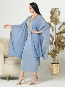 Modelyn Contrast Tape Batwing Sleeve Coat & Dress 2 Piece Set - Blue - View 6