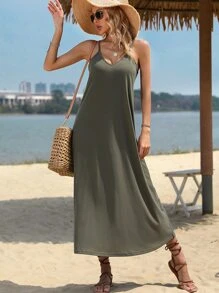 SHEIN VCAY Đầm màu trơn Giải trí - xanh quân đội - Xem 1