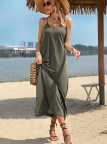 SHEIN VCAY Đầm màu trơn Giải trí - xanh quân đội - Xem 6
