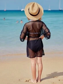 Girls Lace Trim Drawstring Waist Mesh Kimono - Black - View 4