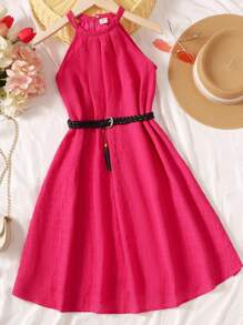 SHEIN Đầm Gái màu trơn Giải trí - Màu Hồng Tươi - Xem 1