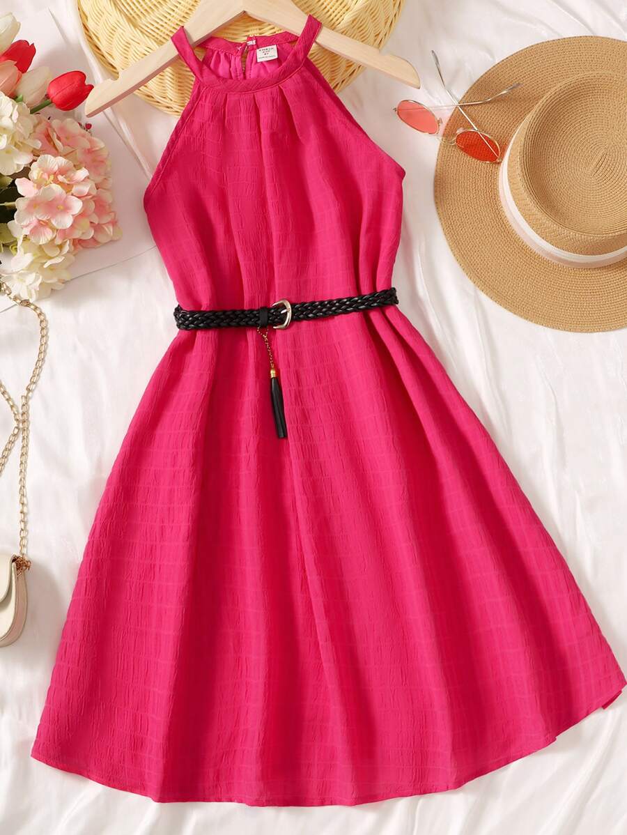 SHEIN Đầm Gái màu trơn Giải trí - Màu Hồng Tươi - Xem 1